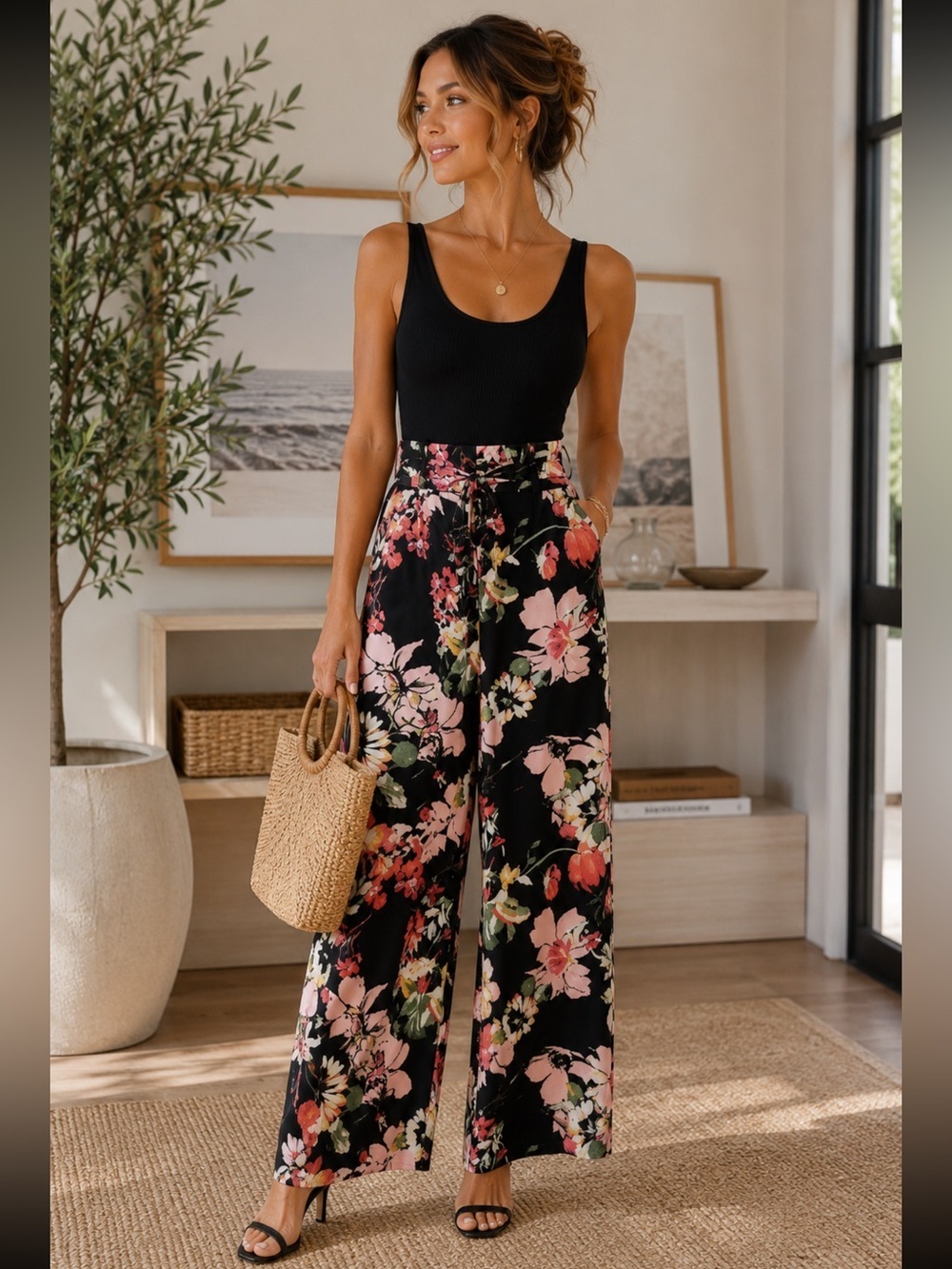 New York & Co - Floral wide leg super high waisted cropped pants - size 14
